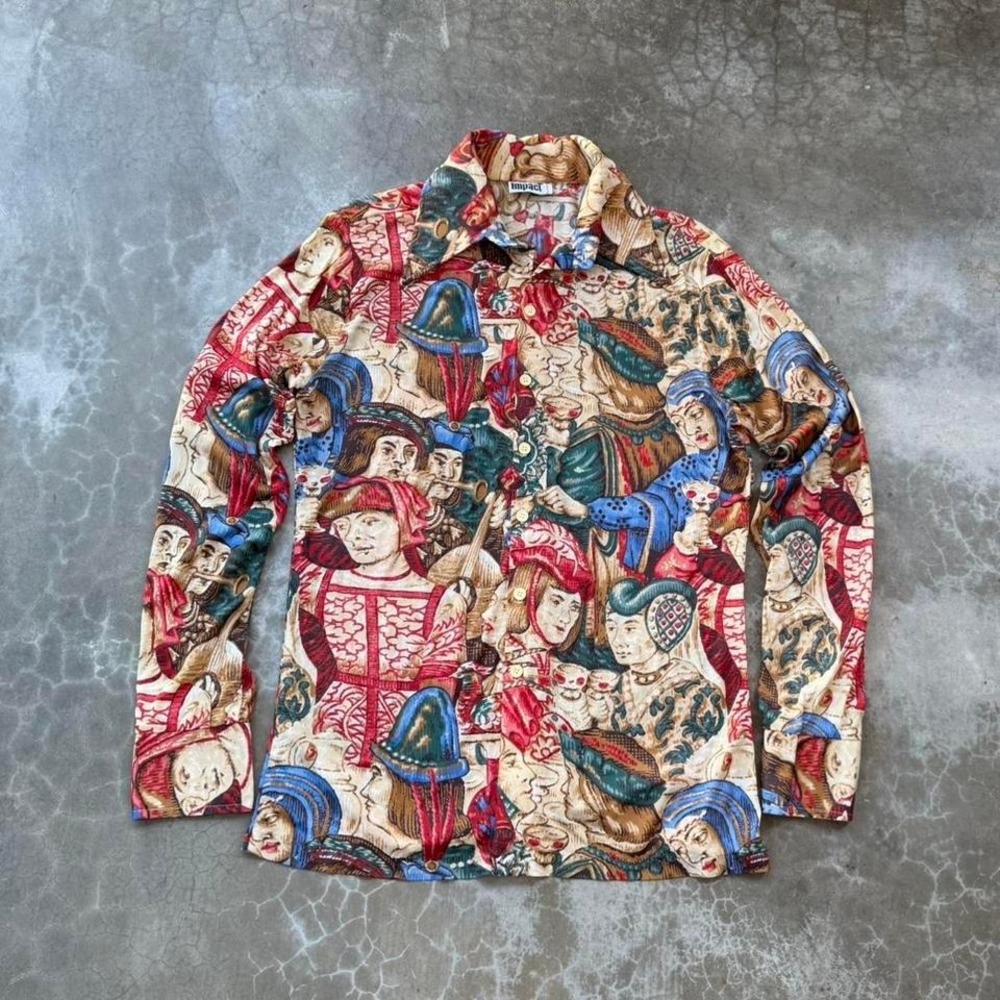 True vintage 1970's point collar all over print long dress dress shirt